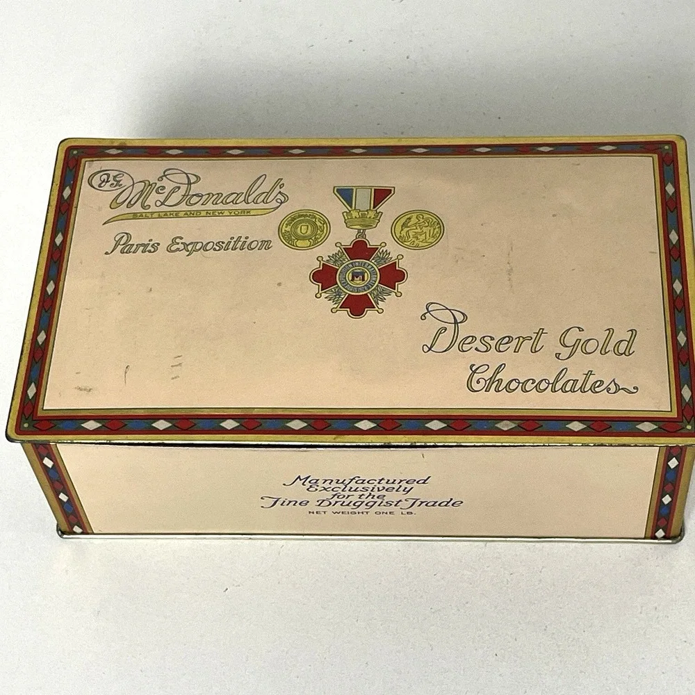 Vintage Chocolate Tin Box Hinged Lid J G McDonald's Paris Exposition Desert Gold